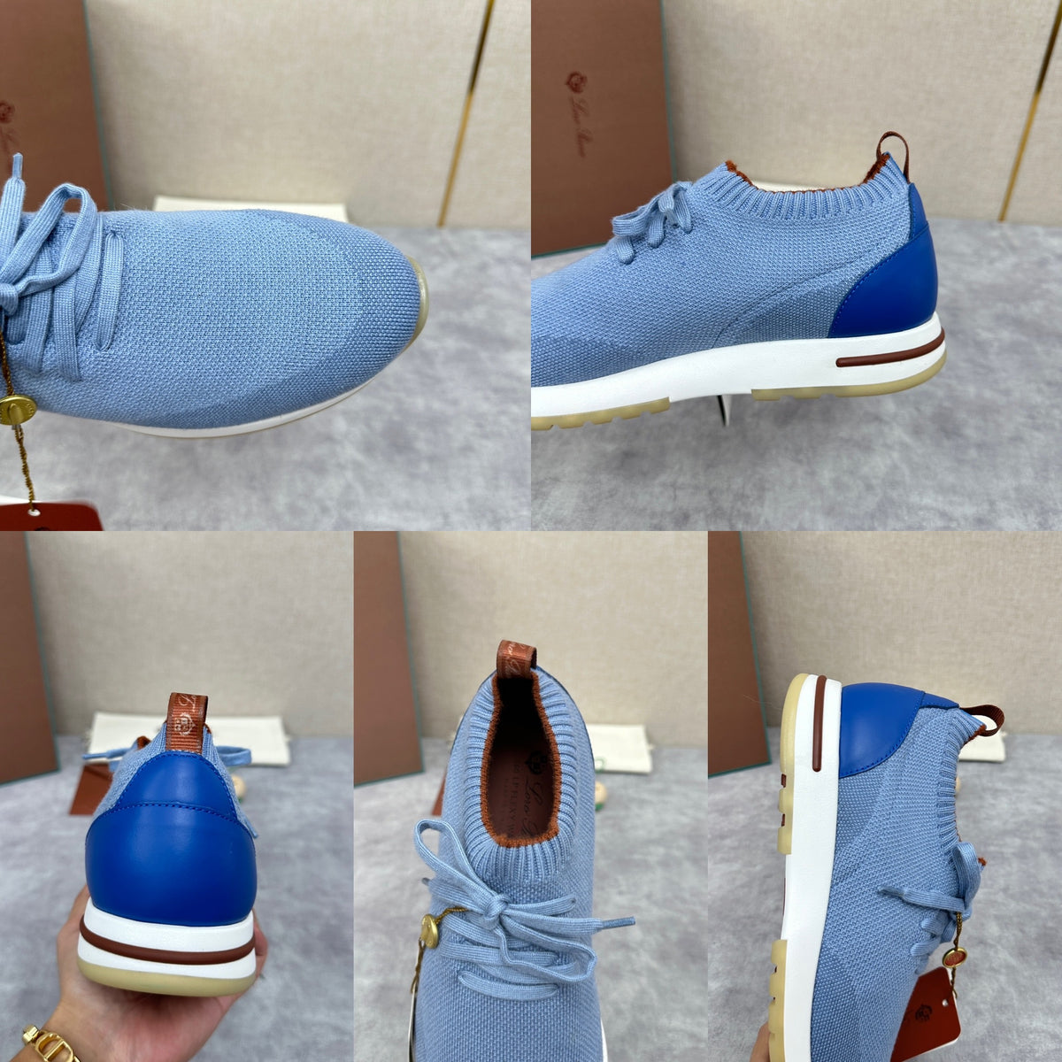 Grey, Blue, Brown, and Green Shoes