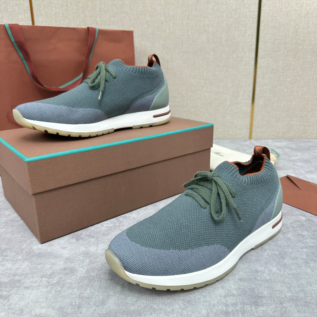 Grey, Blue, Brown, and Green Shoes