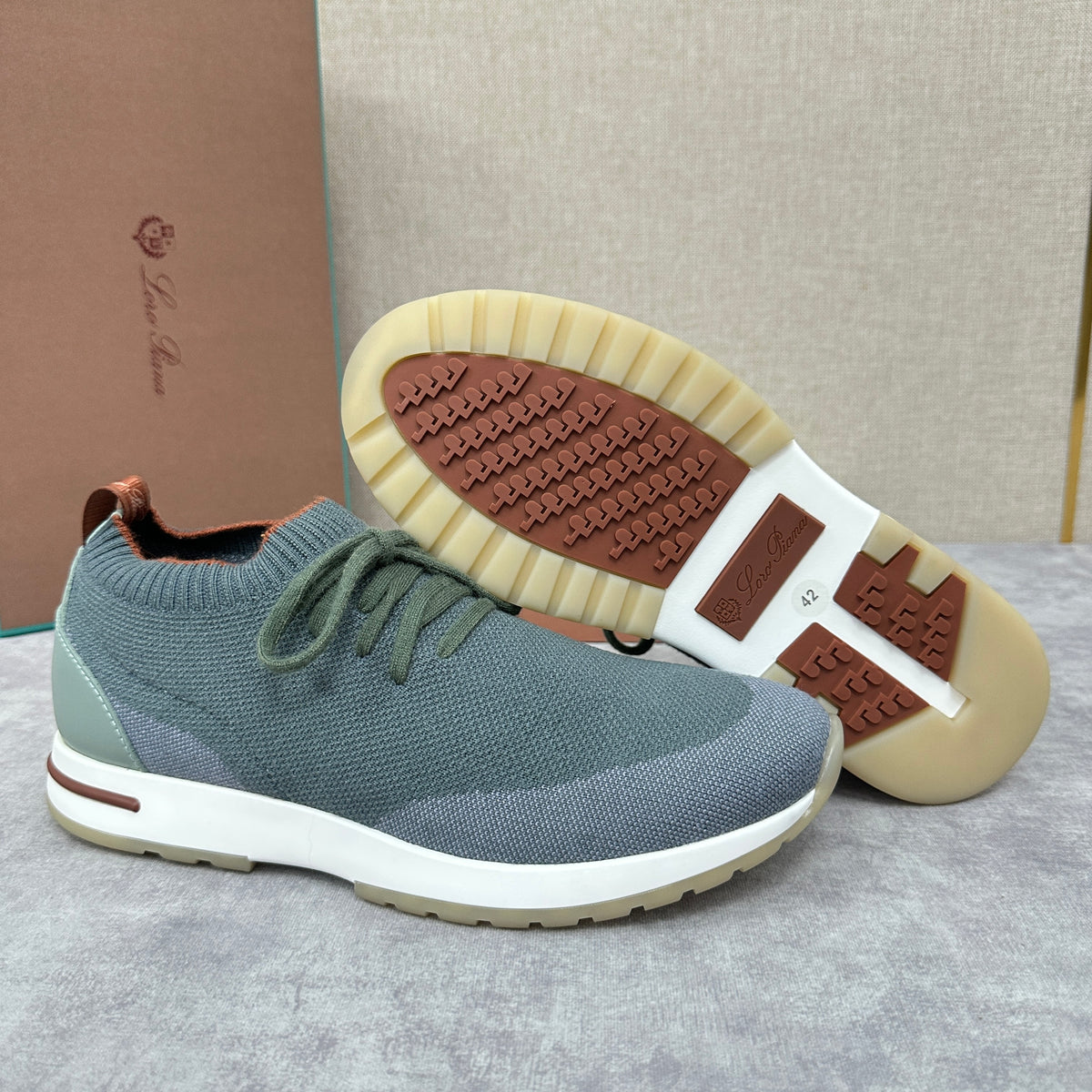 Grey, Blue, Brown, and Green Shoes