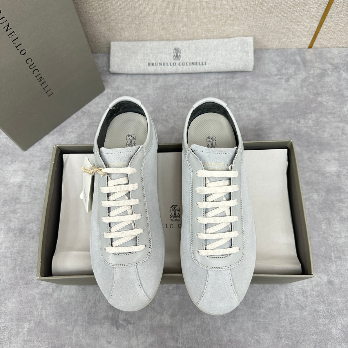 Light Blue, Beige and Tan Brown Shoes