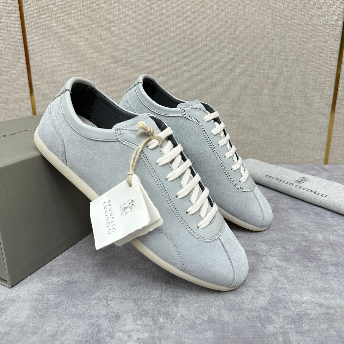 Light Blue, Beige and Tan Brown Shoes