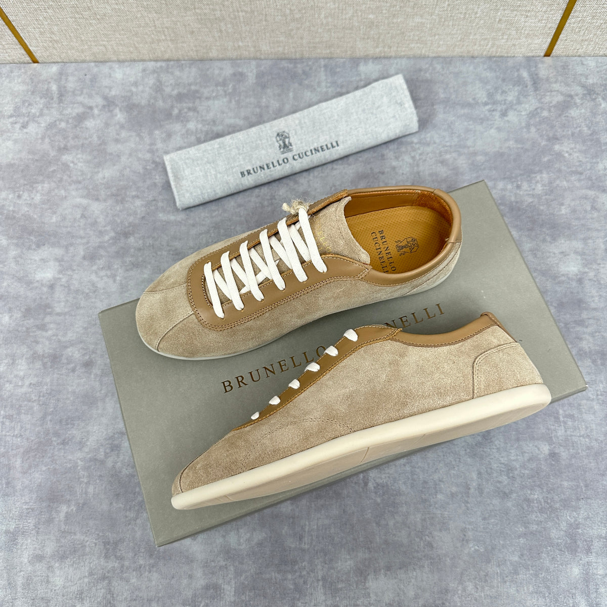 Light Blue, Beige and Tan Brown Shoes