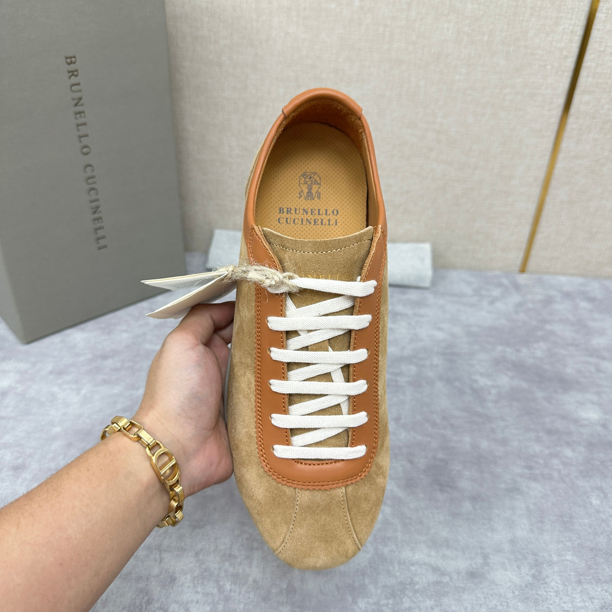 Light Blue, Beige and Tan Brown Shoes