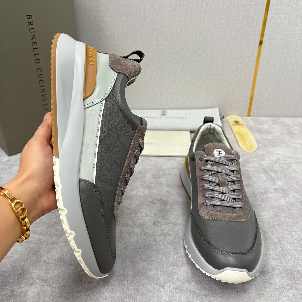 Grey, Brown and Navy blue Shoes - FashionHype.xyz