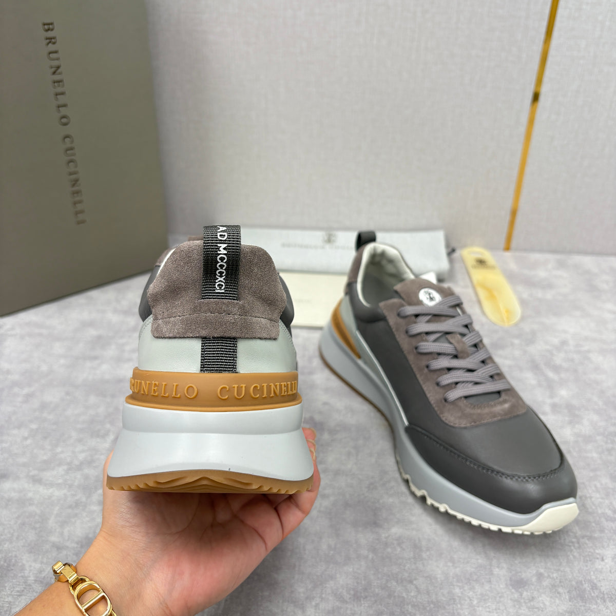 Grey, Brown and Navy blue Shoes - FashionHype.xyz