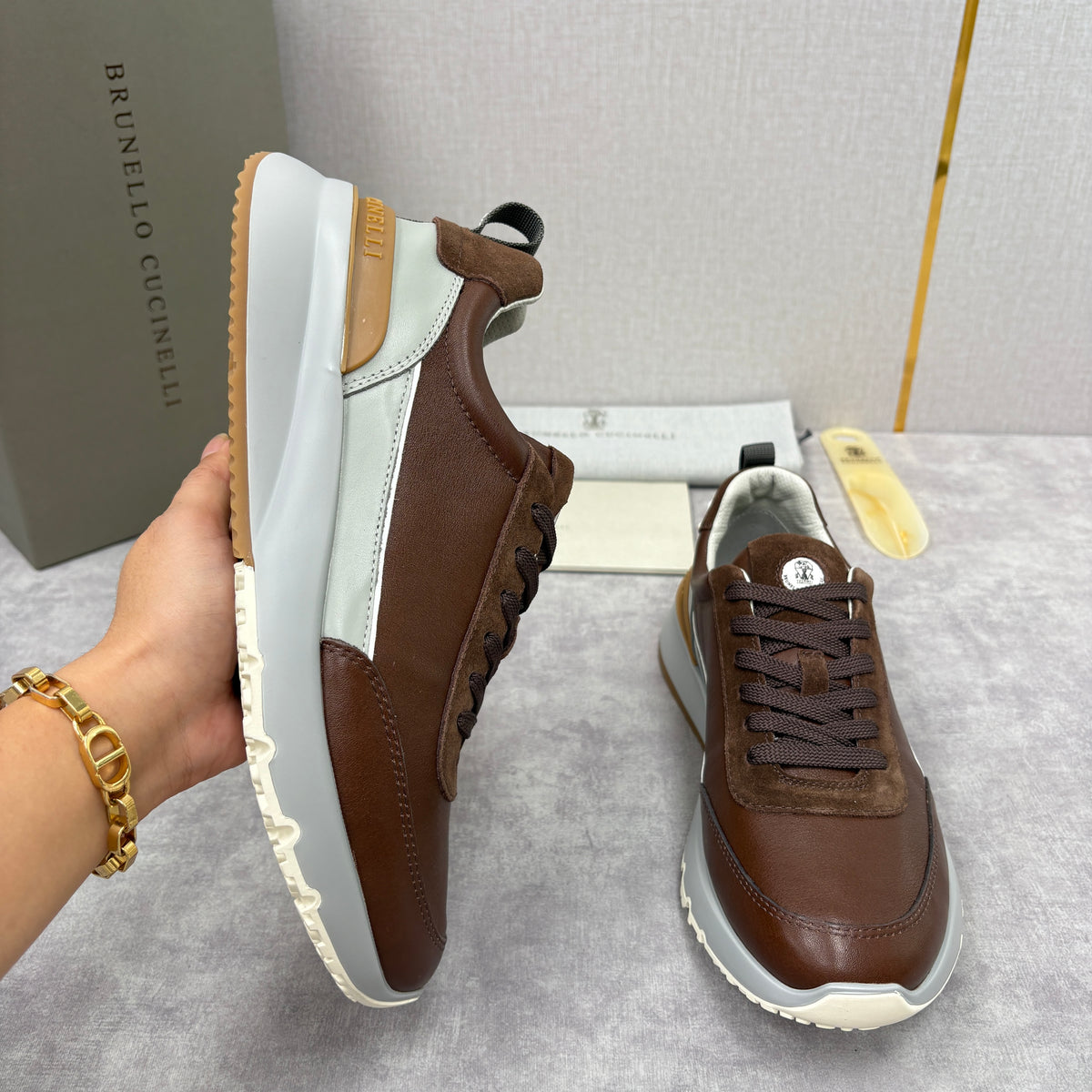 Grey, Brown and Navy blue Shoes - FashionHype.xyz