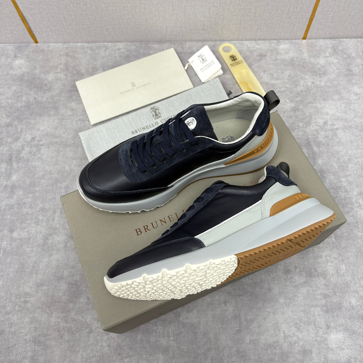Grey, Brown and Navy blue Shoes - FashionHype.xyz