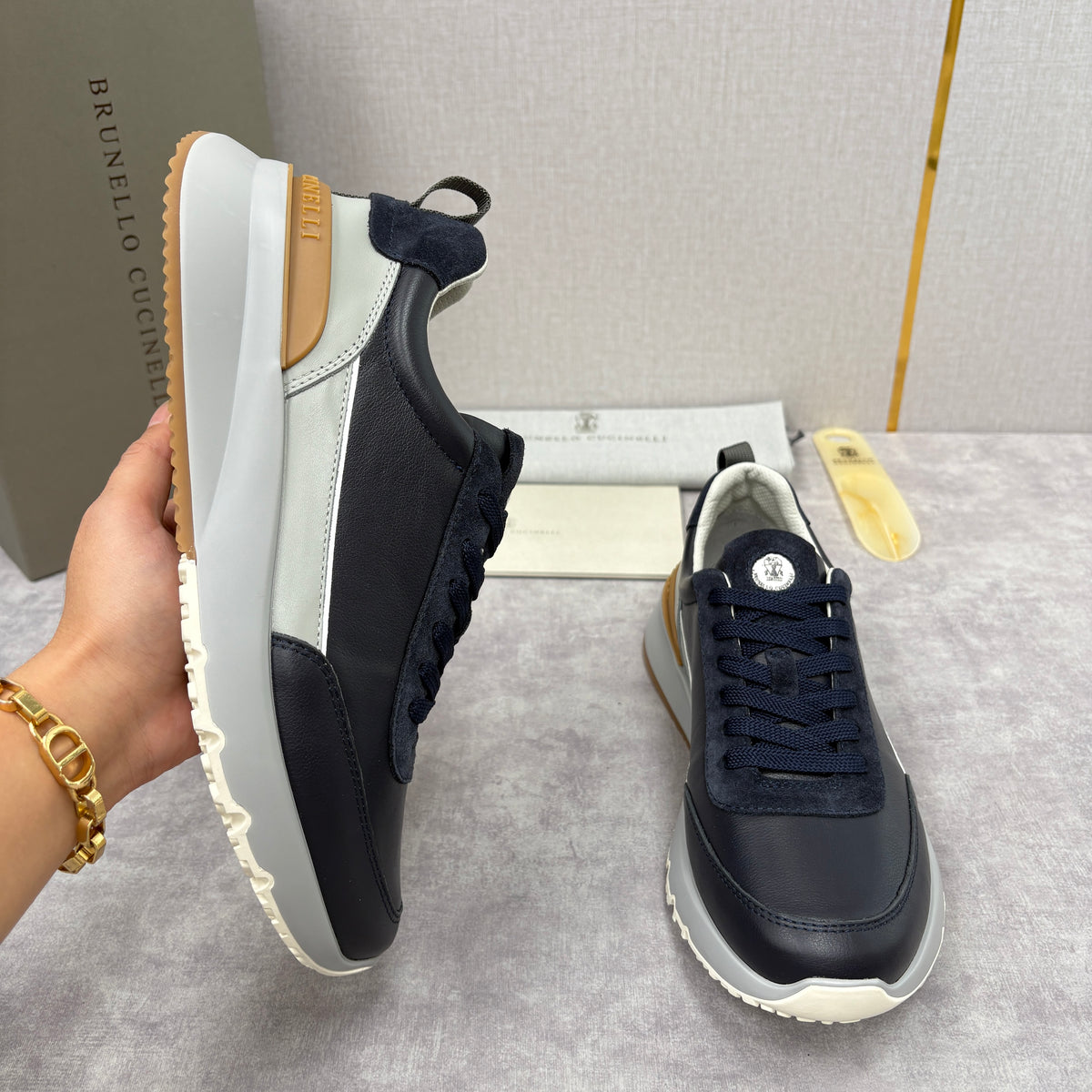 Grey, Brown and Navy blue Shoes - FashionHype.xyz