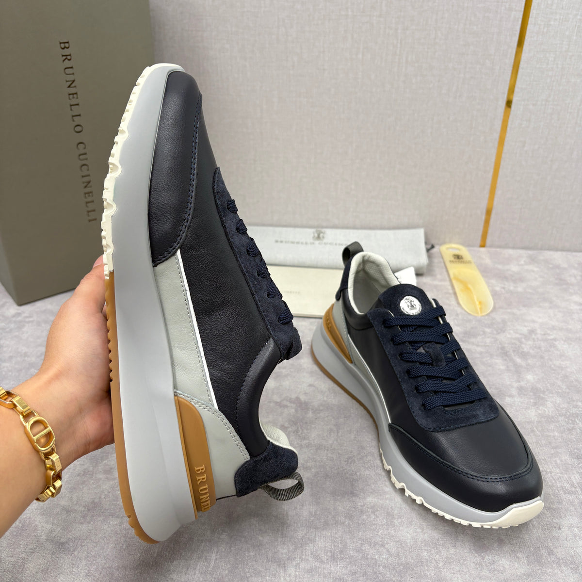 Grey, Brown and Navy blue Shoes - FashionHype.xyz