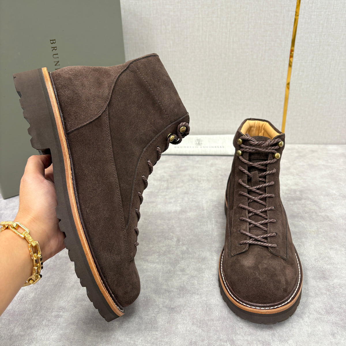 Tan, Dark brown and Navy blue Shoes