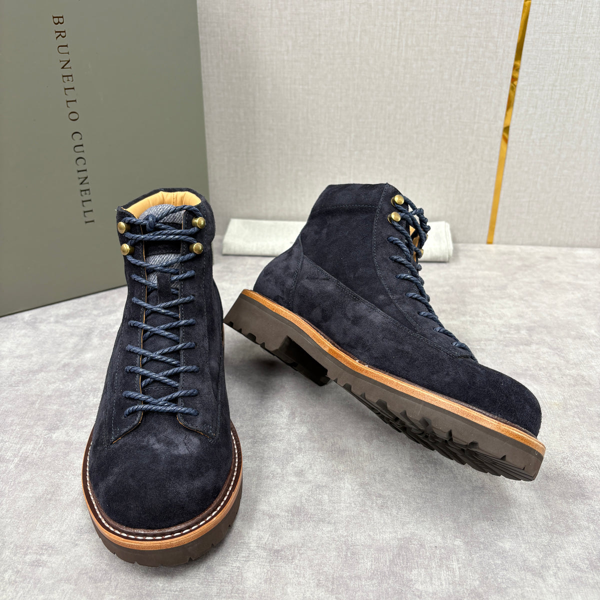 Tan, Dark brown and Navy blue Shoes